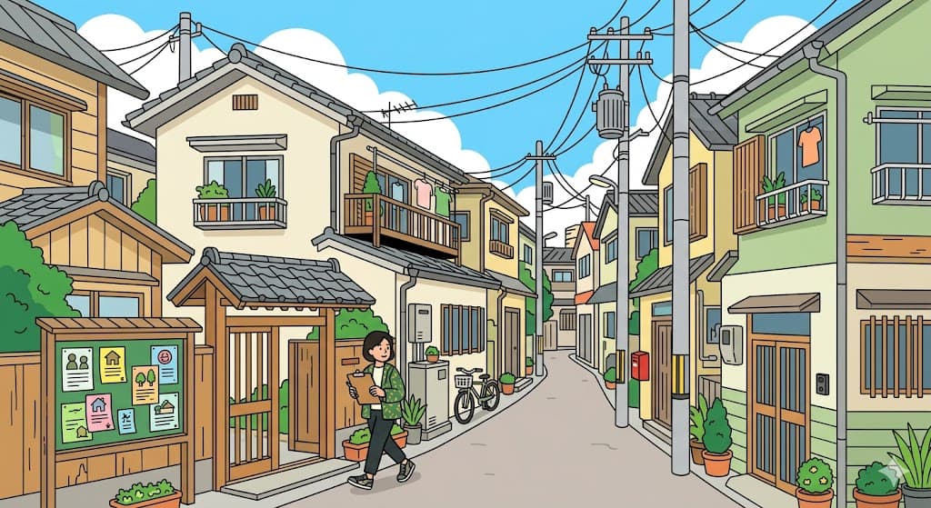 A narrow Tokyo residential street with closely packed houses and a neighborhood association notice board