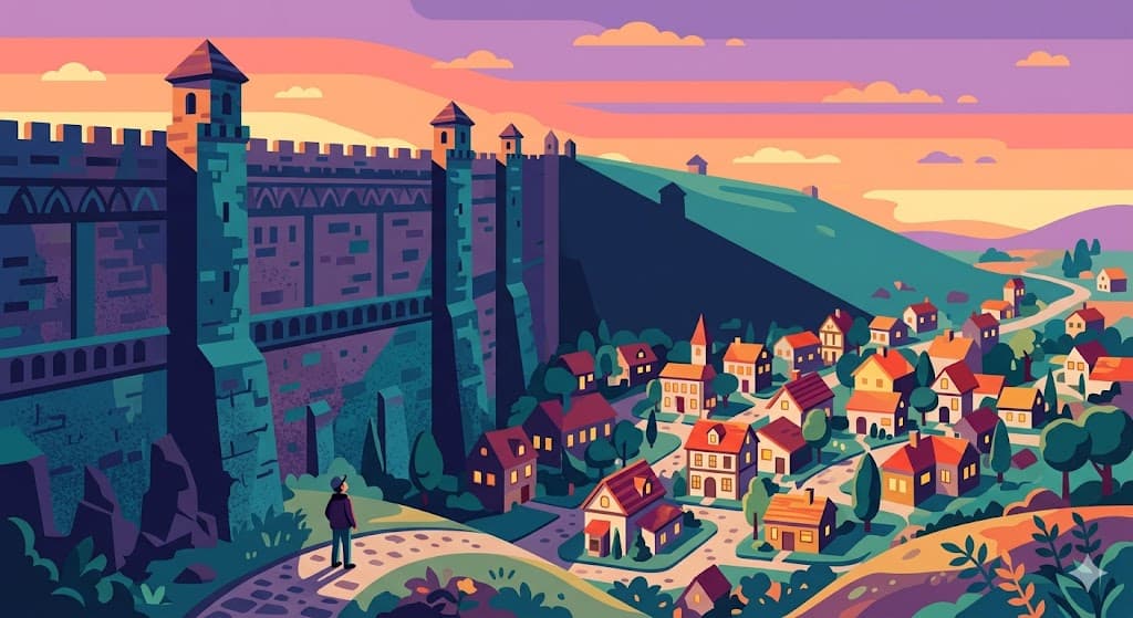 A tall stone wall casting a long shadow over a quiet town at dusk