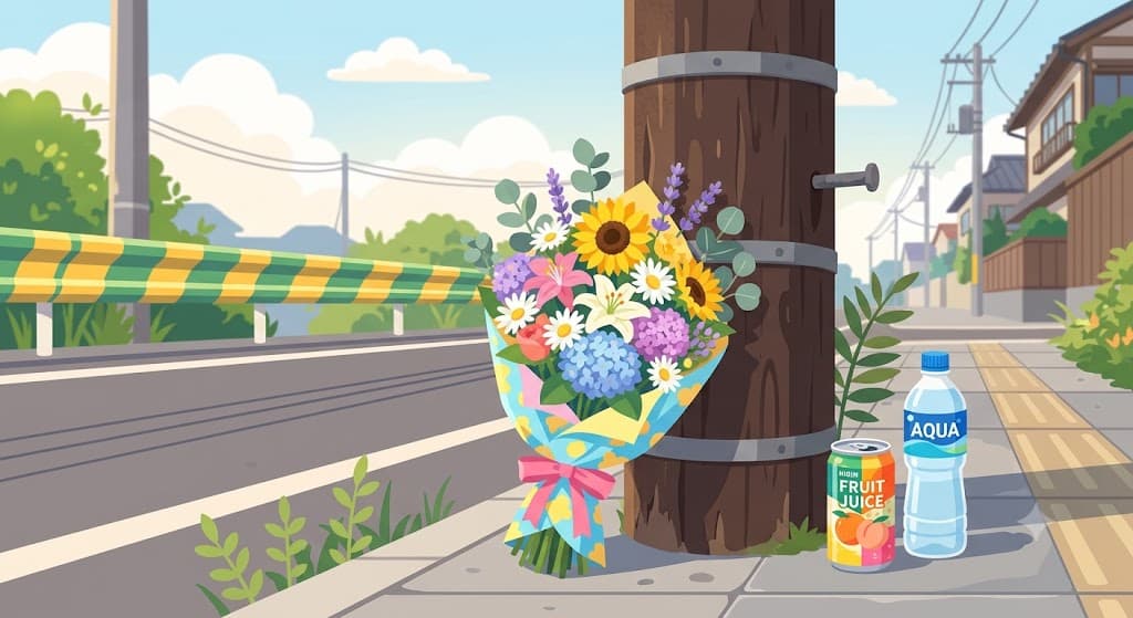 Bunch of fresh flowers left at the base of a utility pole beside a Japanese roadside