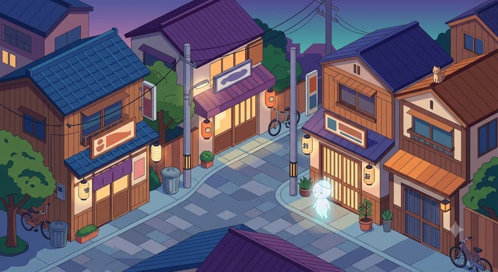 Faint figure of a small spirit lingering on a quiet, empty Japanese street at dusk