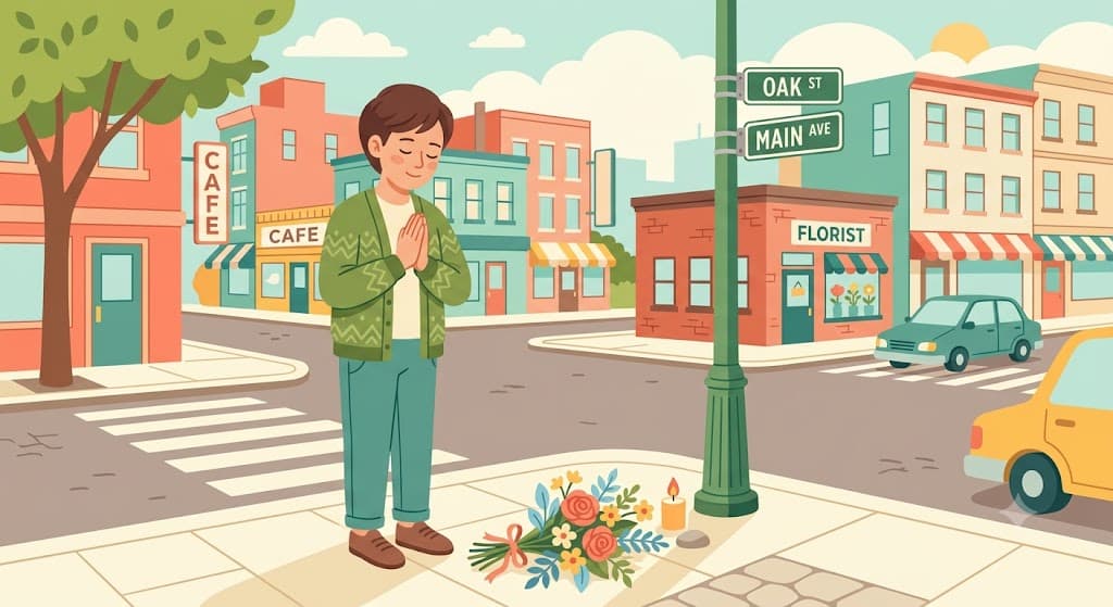 Person pausing with hands pressed together before flowers laid at a street corner