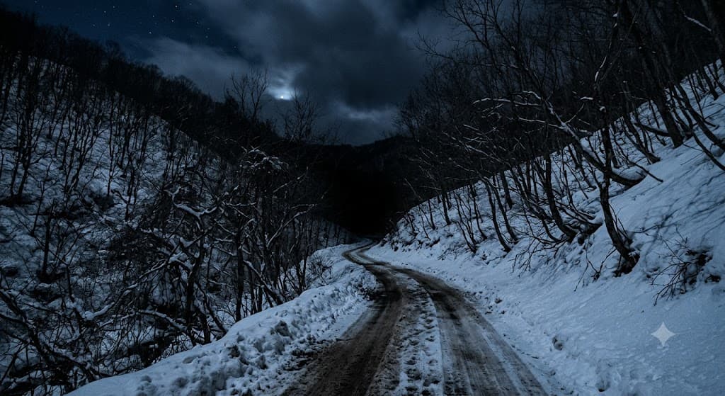 A dark rural Japanese mountain road at night, faintly lit, with a snow-covered slope disappearing into blackness