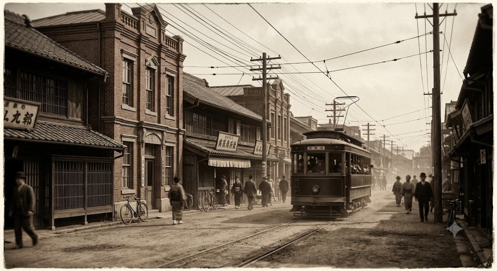 A Taishō-era street scene with brick Western-style buildings standing beside low wooden houses and a passing streetcar