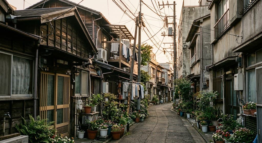 A narrow Tokyo shitamachi alley where old wooden houses stand directly beside newer concrete buildings