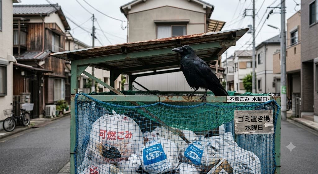 A large black crow perched on a covered garbage collection point on a Tokyo street at morning