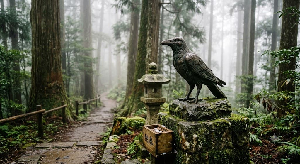 A three-legged Yatagarasu crow statue leading the way through misty forested mountains