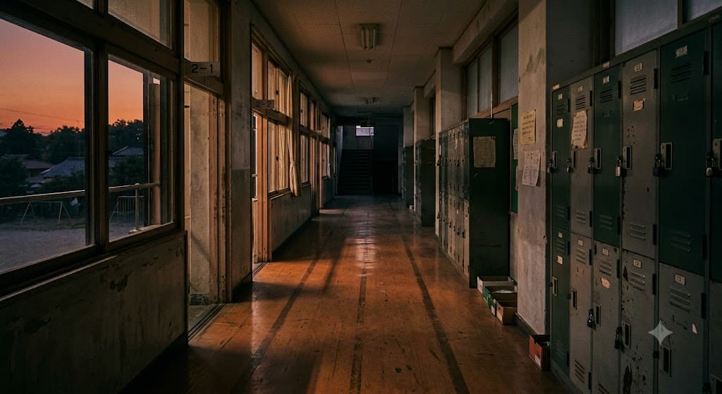 A dim, empty school corridor at dusk with long shadows stretching across the floor