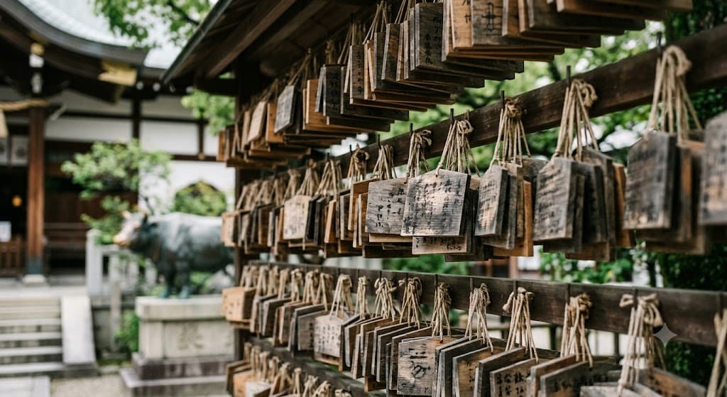 Rows of wooden ema prayer plaques hanging at a Tenmangū shrine dedicated to Sugawara no Michizane