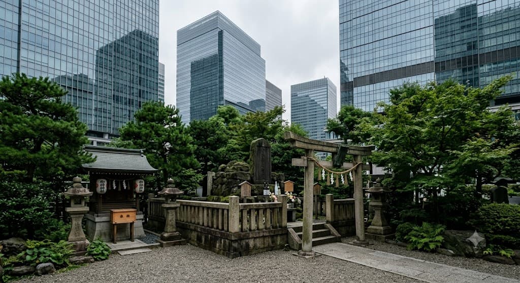 The Masakado-zuka mound enclosed by tall glass office towers in Ōtemachi, Tokyo