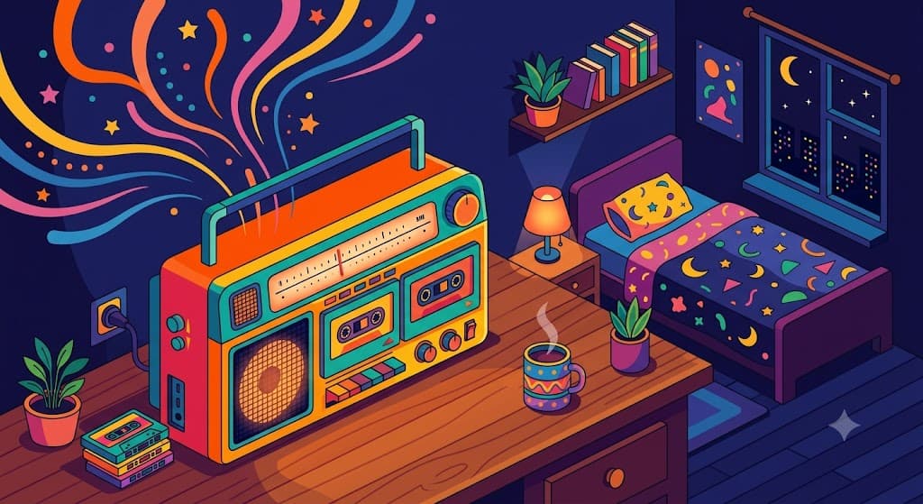 Vintage radio-cassette player glowing in a dark room at night