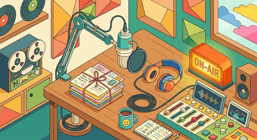 Hand-addressed postcards stacked beside a microphone in a radio studio