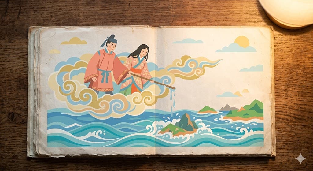 Old Japanese illustrated picture book pages depicting Izanagi and Izanami in mythological style