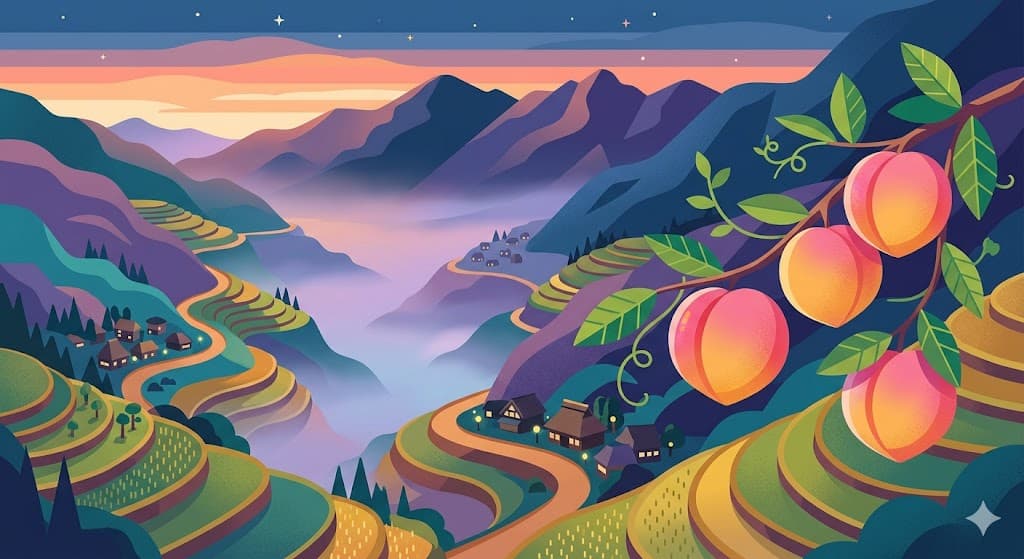 Three ripe peaches on a tree branch with traditional Japanese mountain pass scenery in the background