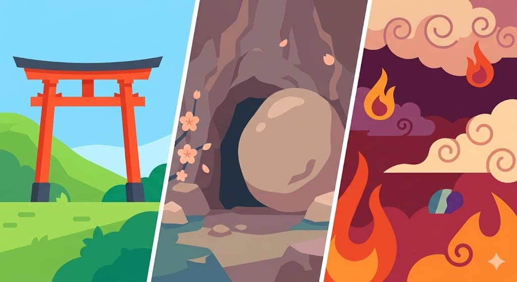 Stylized split image contrasting a Shintō shrine torii gate with imagery of Buddhist hell scrolls