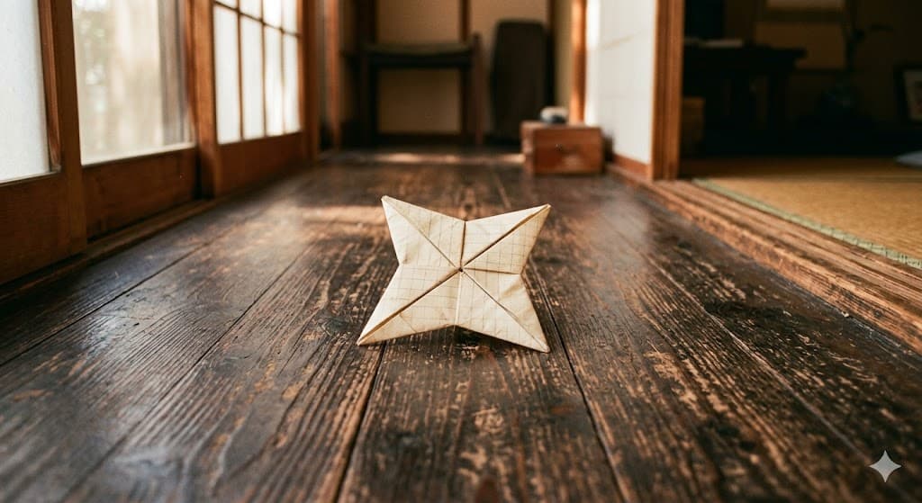 A child's folded paper shuriken resting on a wooden surface