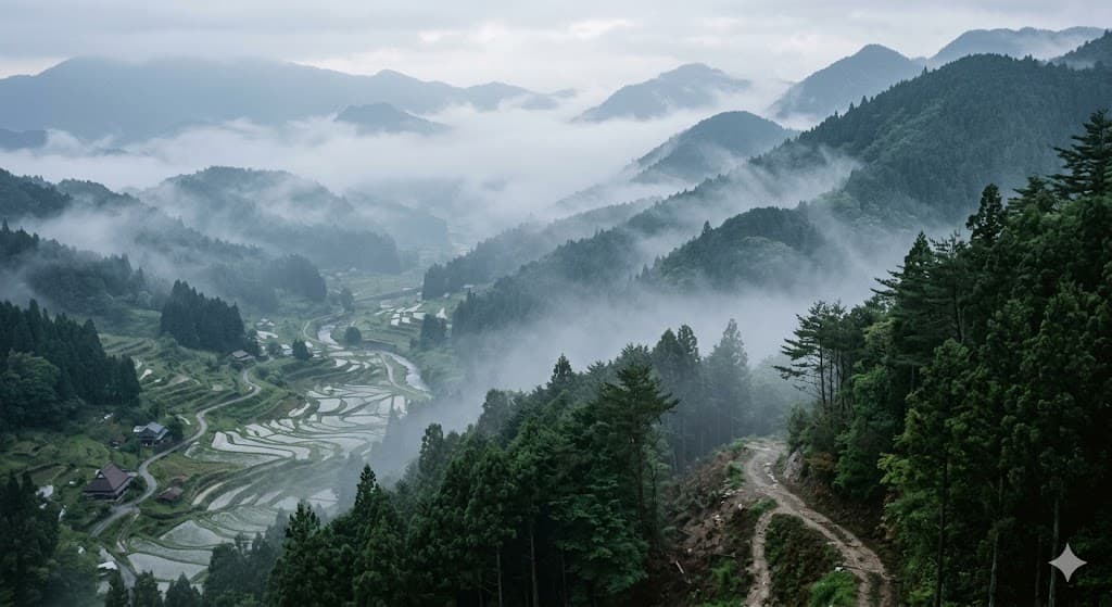 A misty mountain valley in the old Iga region of present-day Mie Prefecture