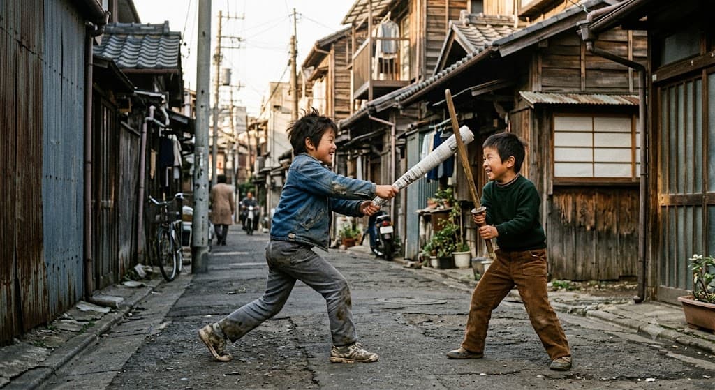 Children playing chanbara sword-fight games with sticks on a Tokyo downtown street
