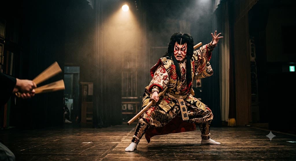 A kabuki actor frozen in a dramatic mie pose with a fierce crossed-eye glare