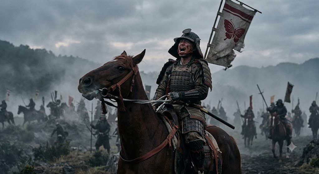 A mounted samurai warrior raising his voice to announce his name before battle