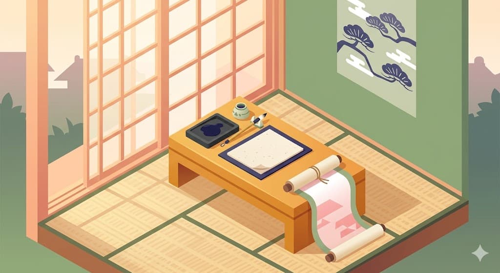 Calligraphy brush and ink stone on a wooden desk in a traditional Japanese study