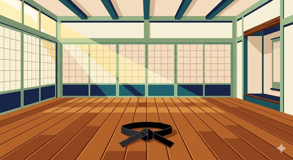 Empty traditional Japanese dōjō with wooden floor and morning light through shoji screens