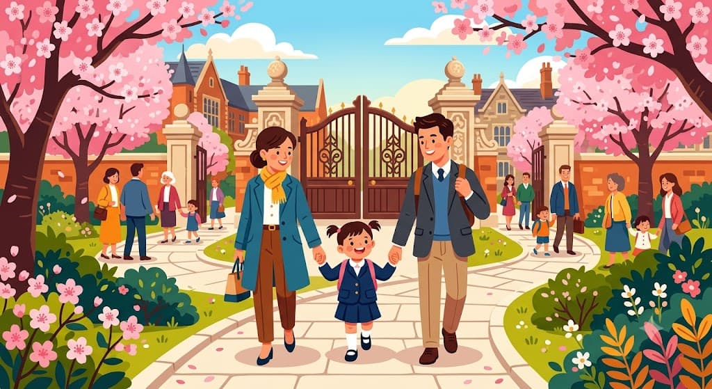 A young child in a formal navy outfit walking hand in hand with two smartly dressed parents toward a school gate
