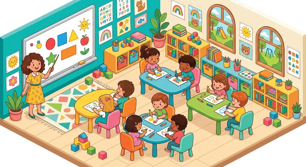 Preschool-aged children seated at small desks working on paper exercises in a bright cram-school room