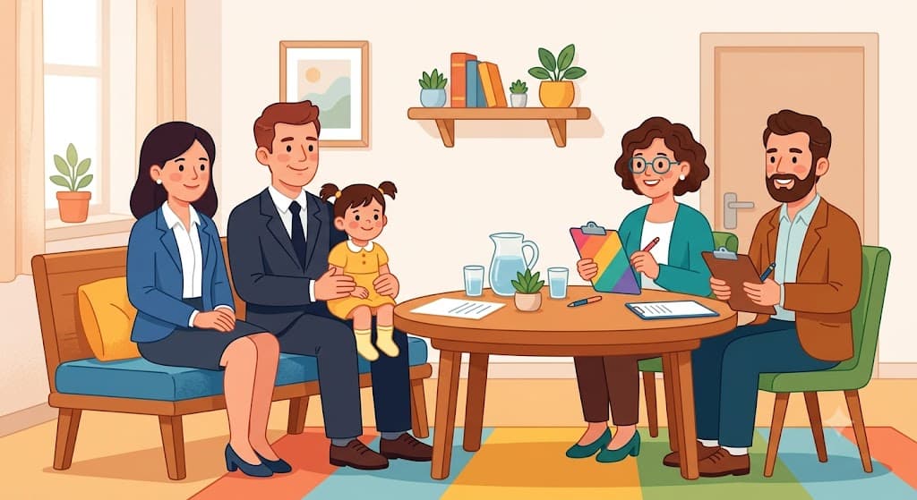 Two formally dressed parents and a small child sitting together across a table from interviewers in a quiet room