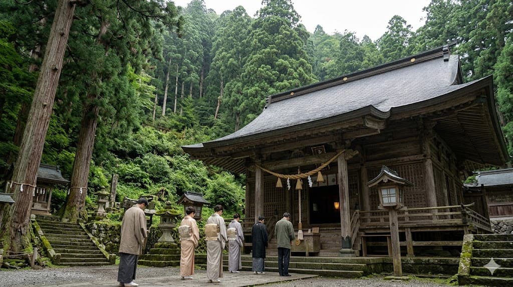 Worshippers stand before a worship hall at Suwa Taisha with a forested mountain rising directly behind it