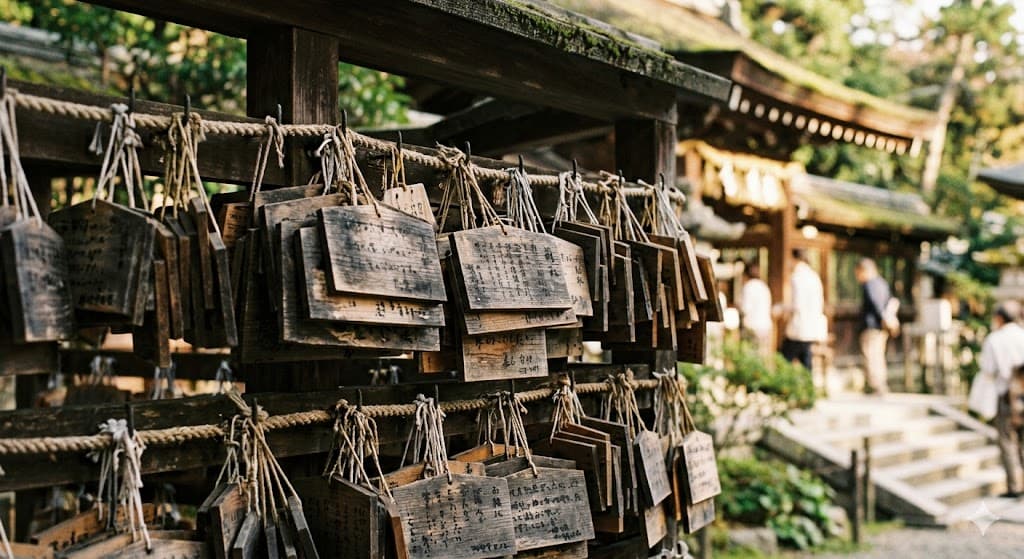 Rows of wooden ema prayer plaques hanging at a Japanese shrine, inscribed with wishes for success