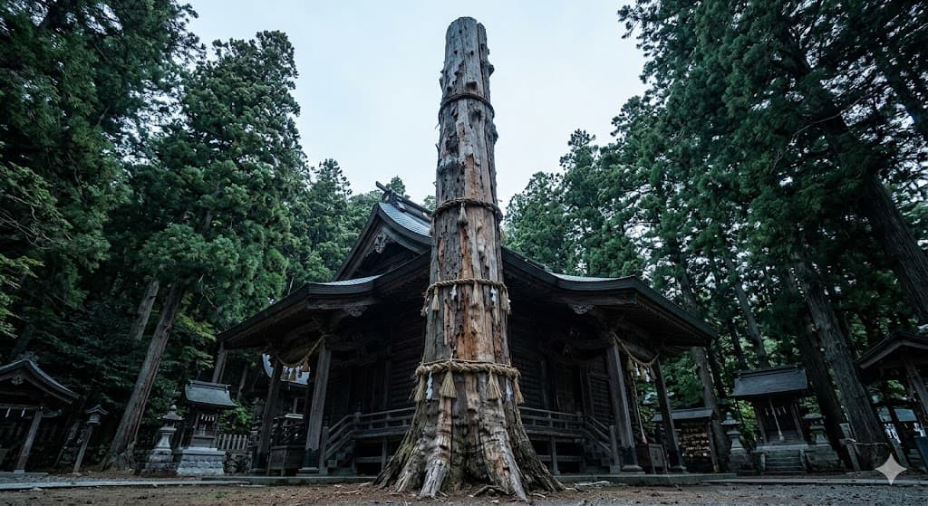 Massive fir trunks standing at the corners of a Suwa Taisha sanctuary during the Onbashira tradition