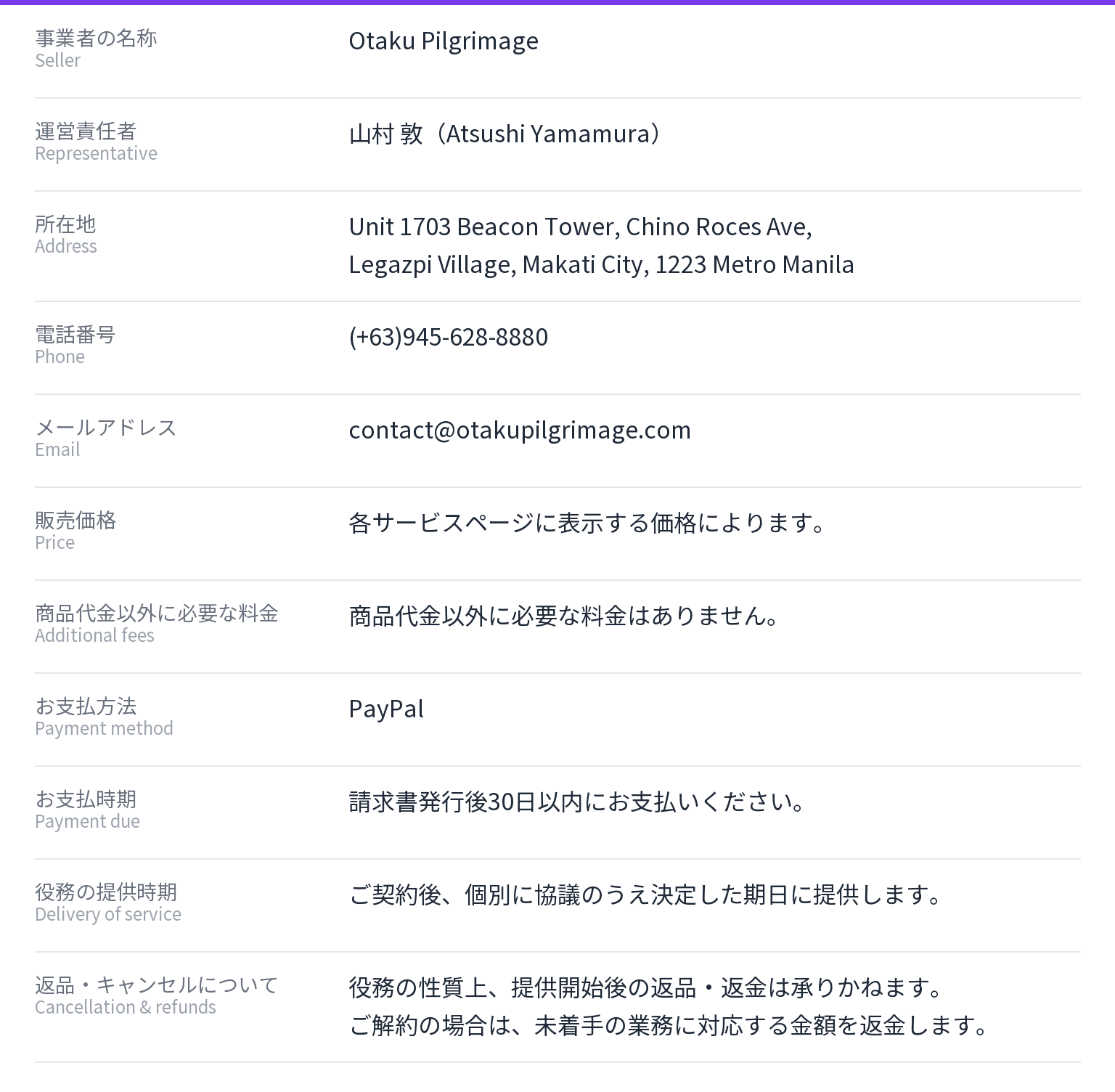 Otaku Pilgrimageの特定商取引法に基づく表記。運営責任者 山村 敦、所在地 Unit 1703 Beacon Tower, Chino Roces Ave, Legazpi Village, Makati City, 1223 Metro Manila、電話番号 (+63)945-628-8880、メールアドレス contact@otakupilgrimage.com